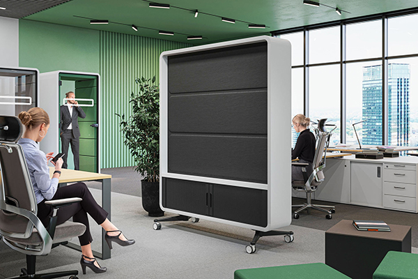 Mikomax-HushWall-verplaatsbaar-whiteboard-scherm-tv-houder-MEDIAWAND-akoestiek-kantoor